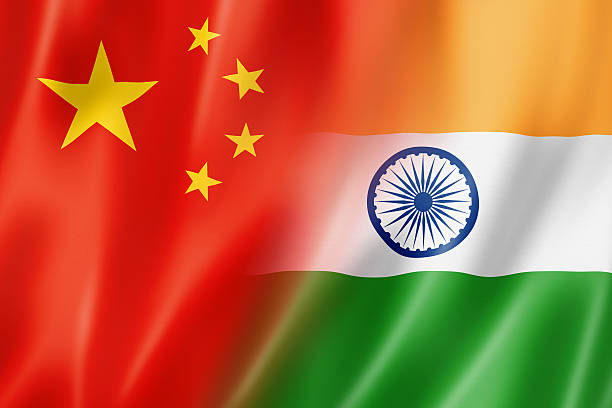 Mixed China and India flag, three dimensional render, illustration