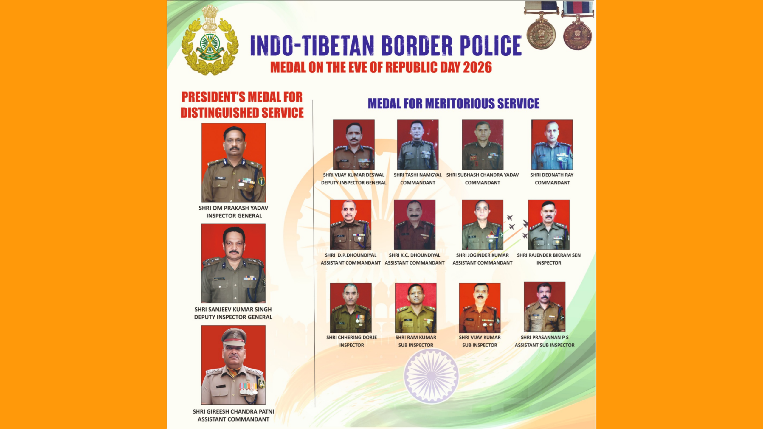 ୭୭ତମ ଗଣତନ୍ତ୍ର ଦିବସ, ୨୦୨୬ରେ ୧୫ ଜଣ ITBP ଅଧିକାରୀଙ୍କୁ ପଦକ ପ୍ରଦାନ