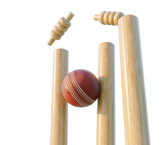 Wooden cricket wickets with dislodging bails on an isolated white background - 3D render