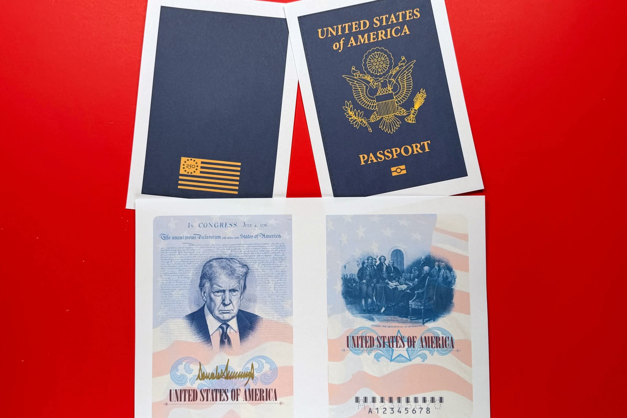 A sample of a limited release of a commemorative U.S. passport that celebrates America's 250th birthday and features a picture of President Donald Trump, is photographed Tuesday, April 28, 2026. (AP Photo/Jon Elswick)