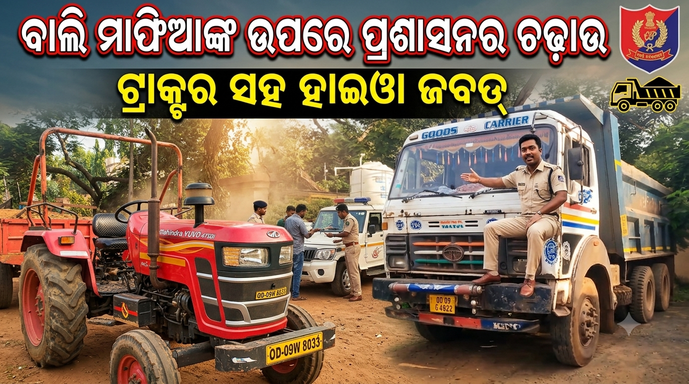 ବାଲି ମାଫିଆଙ୍କ ଉପରେ ପ୍ରଶାସନର ଚଢ଼ାଉ ଟ୍ରାକ୍ଟର ସହ ହାଇୱା ଜବତ୍