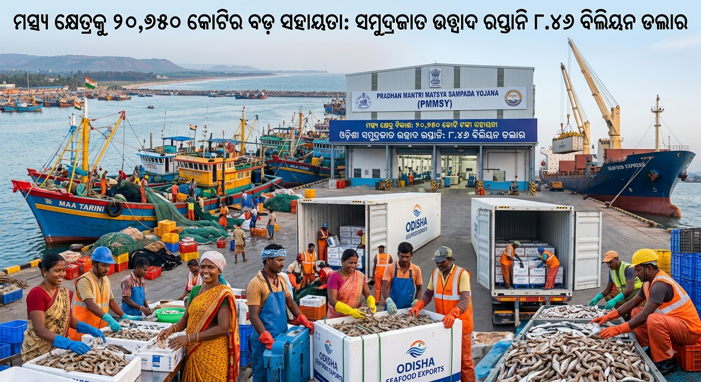 ମତ୍ସ୍ୟ କ୍ଷେତ୍ରକୁ ୨୦,୭୫୦ କୋଟିର ବଡ଼ ସହାୟତା: ସମୁଦ୍ରଜାତ ଉତ୍ପାଦ ରପ୍ତାନି ୮.୪୬ ବିଲିୟନ ଡଲାର