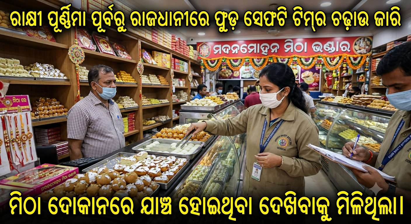 ରାକ୍ଷୀ ପୂର୍ଣ୍ଣିମା ପୂର୍ବରୁ ରାଜଧାନୀରେ ଫୁଡ୍ ସେଫଟି ଟିମ୍ର ଚଢ଼ାଉ ଜାରି ରହିଥିଲା, ମିଠା ଦୋକାନରେ ଯାଞ୍ଚ ହୋଇଥବା ଦେଖିବାକୁ ମିଳିଥିଲା