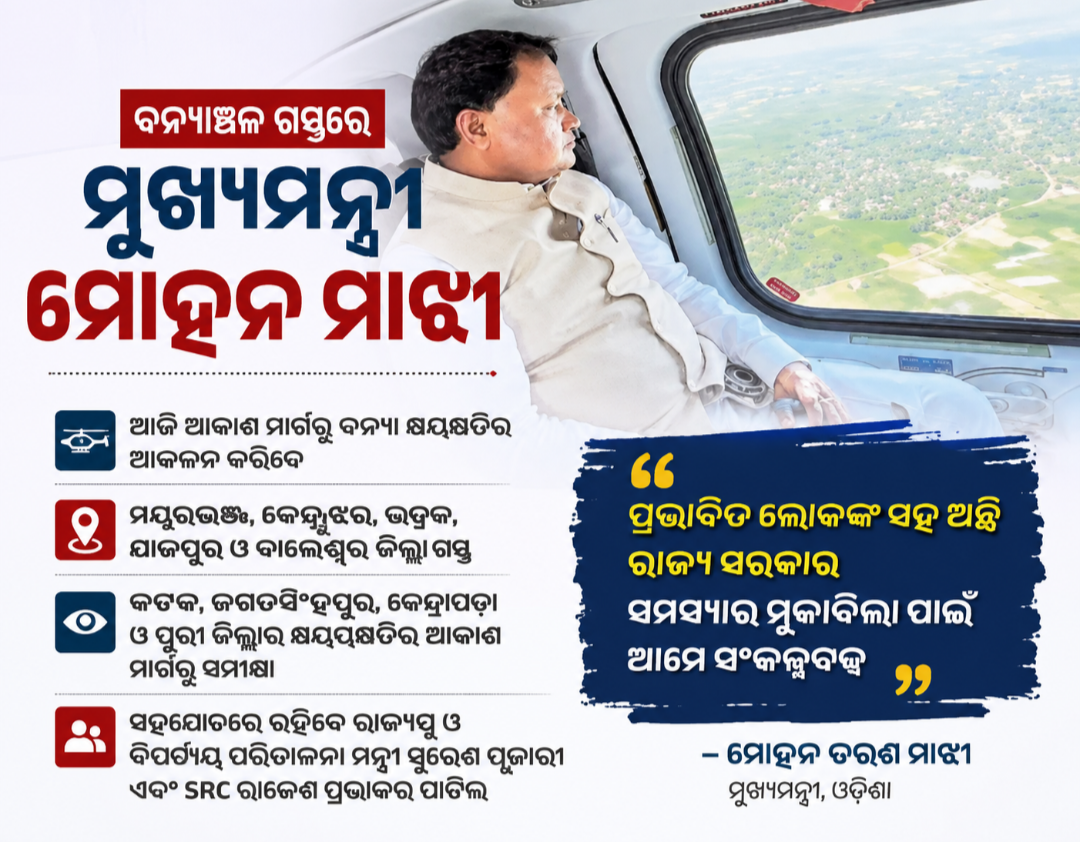 ବନ୍ୟା କ୍ଷୟକ୍ଷତିର ହେବ ଆକାଶମାର୍ଗରୁ ସମୀକ୍ଷା; ଆଜି ପ୍ରଭାବିତ ଜିଲ୍ଲା ଗସ୍ତରେ ମୁଖ୍ୟମନ୍ତ୍ରୀ