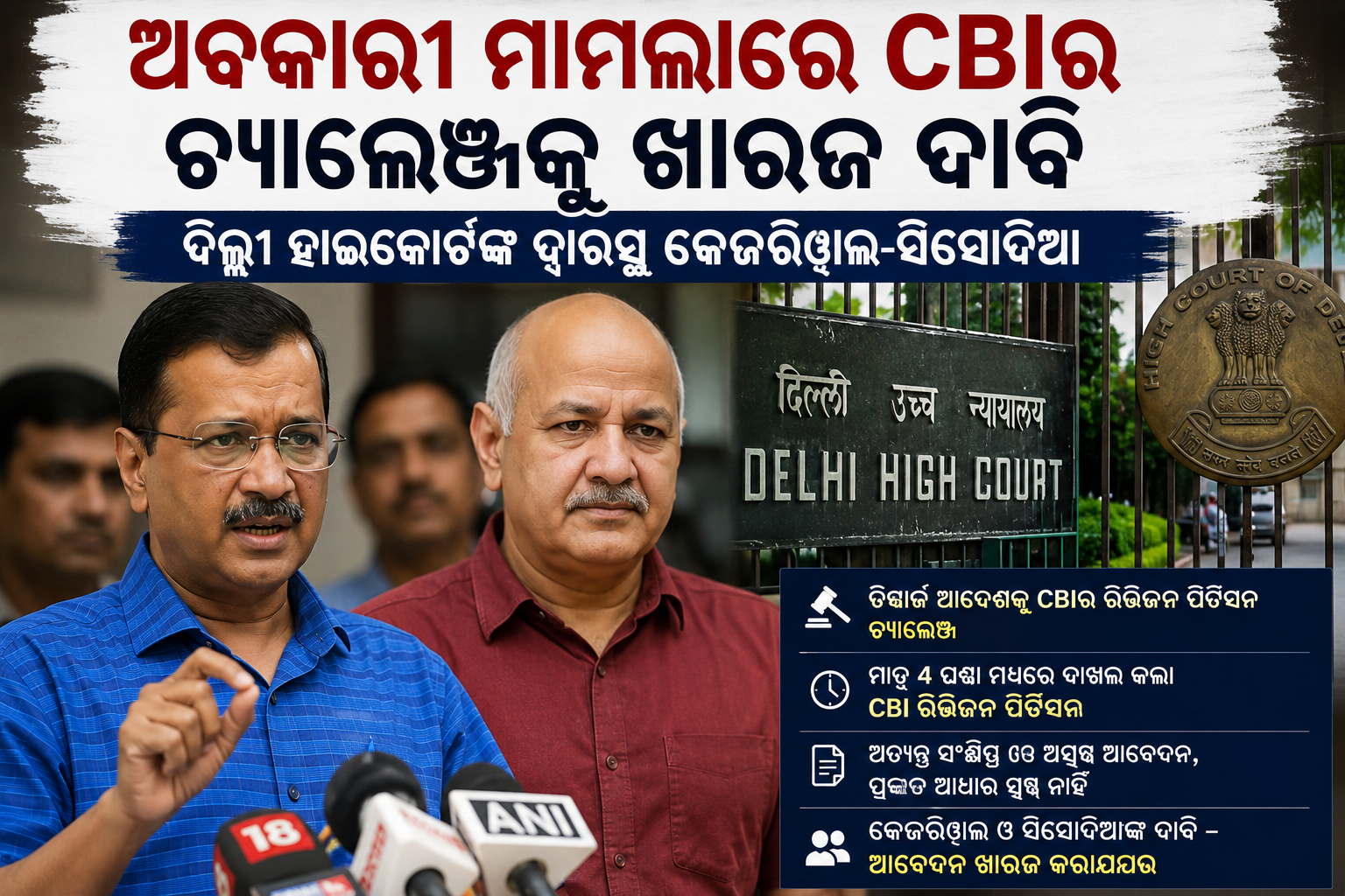 ଅବକାରୀ ମାମଲାରେ CBIର ଚ୍ୟାଲେଞ୍ଜକୁ ଖାରଜ ଦାବି, ଦିଲ୍ଲୀ ହାଇକୋର୍ଟଙ୍କ ଦ୍ୱାରସ୍ଥ କେଜ୍ରିୱାଲ-ସିସୋଦିଆ