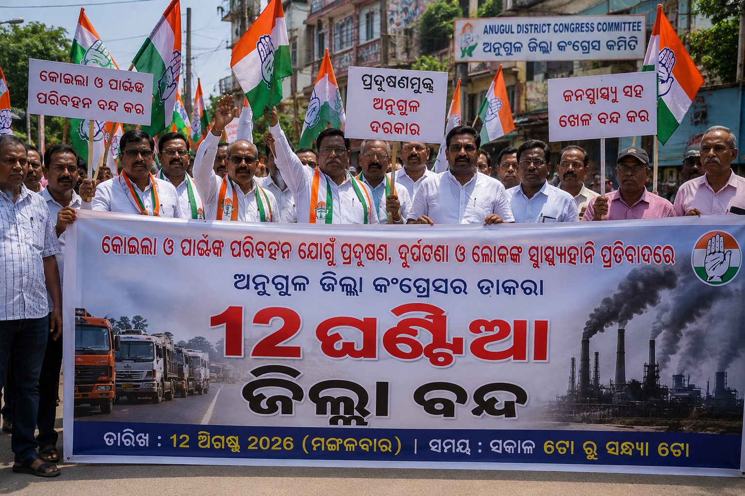 ପ୍ରଦୂଷଣ ପ୍ରସଙ୍ଗରେ ଆଜି ଅନୁଗୁଳ ବନ୍ଦ: ୧୨ ଘଣ୍ଟିଆ ଆନ୍ଦୋଳନକୁ କଂଗ୍ରେସର ଡାକରା