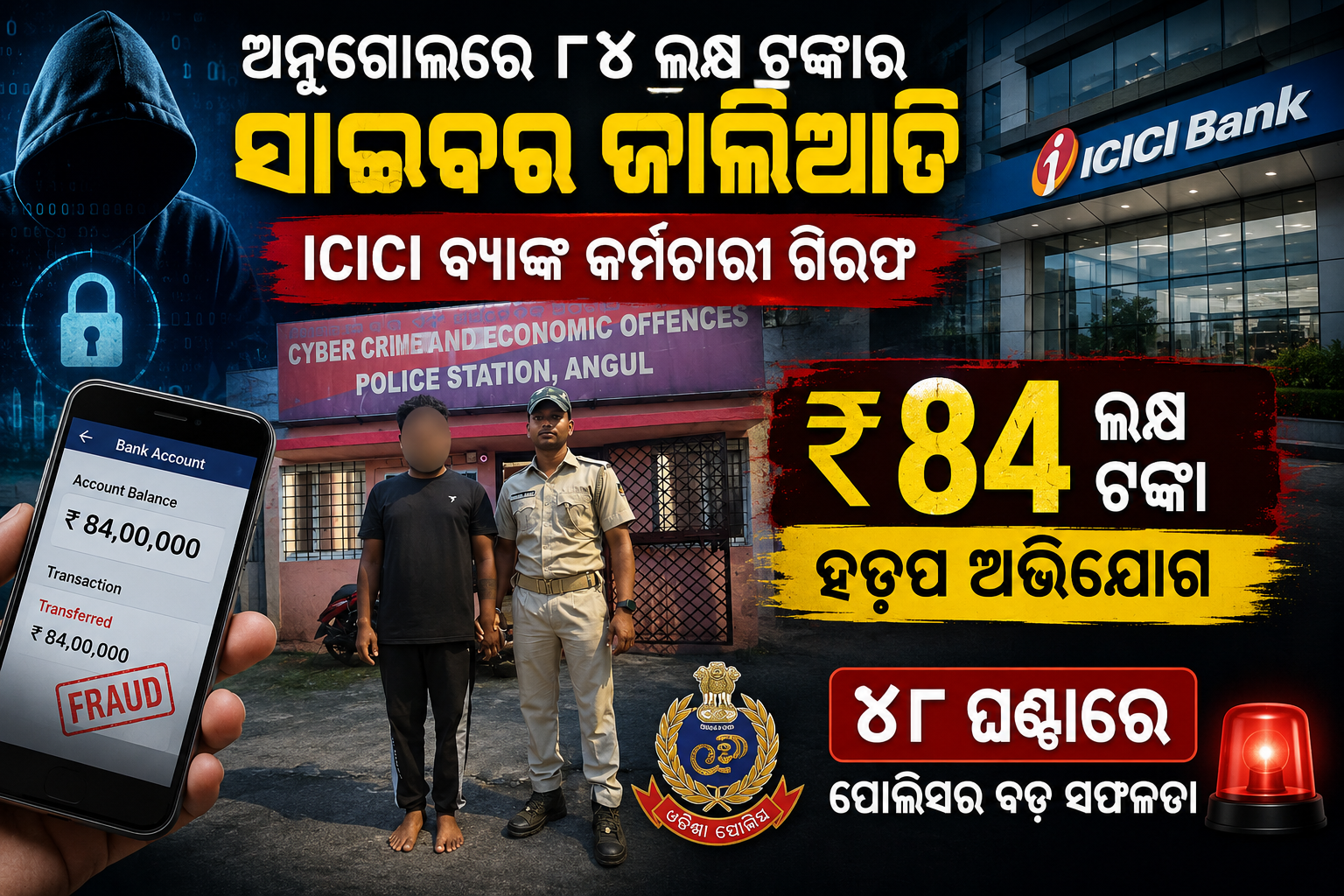 ଅନୁଗୋଳରେ ୮୪ ଲକ୍ଷ ଟଙ୍କାର ସାଇବର ଜାଲିଆତି: ICICI ବ୍ୟାଙ୍କ କର୍ମଚାରୀ ଗିରଫ, ୪୮ ଘଣ୍ଟାରେ ପୋଲିସର ବଡ଼ ସଫଳତା