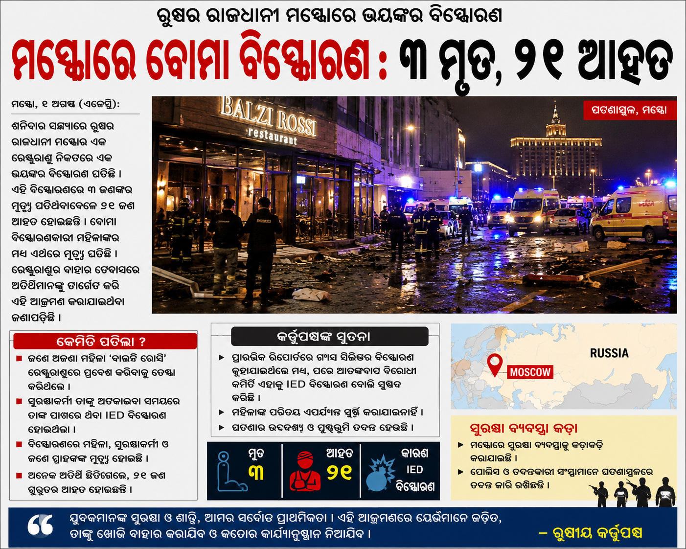ମସ୍କୋରେ ଭୟଙ୍କର ବିସ୍ଫୋରଣ: ୩ ମୃତ, ୨୧ ଆହତ