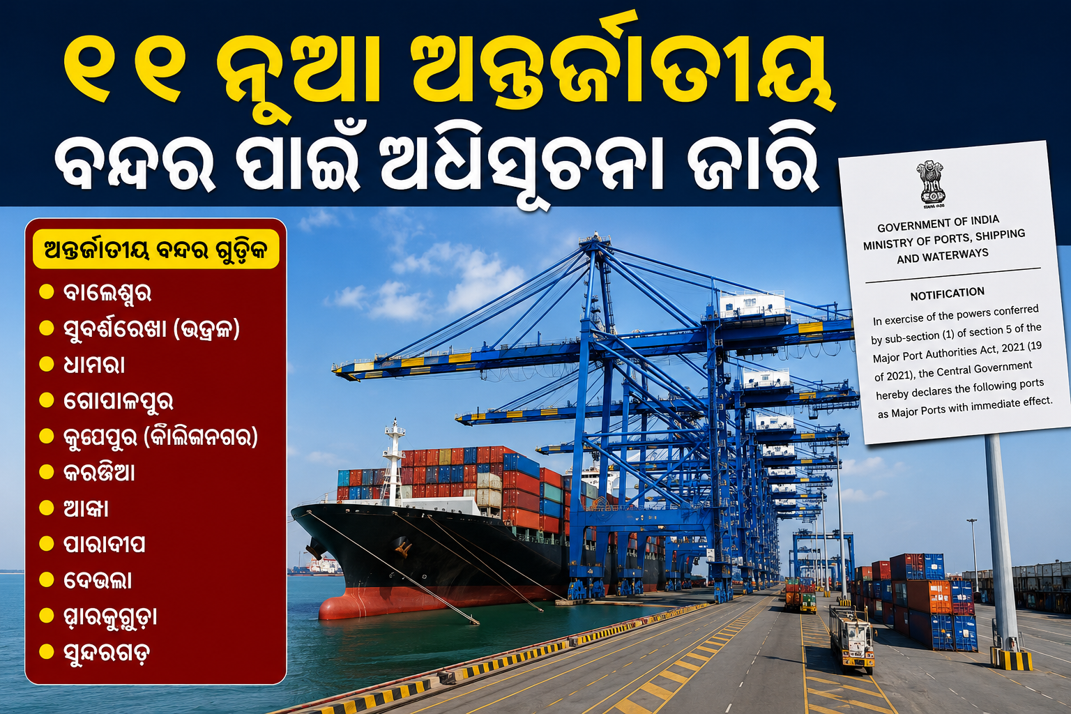୧୧ ନୂଆ ଅନ୍ତର୍ଜାତୀୟ ବନ୍ଦର ପାଇଁ ଅଧିସୂଚନା ଜାରି