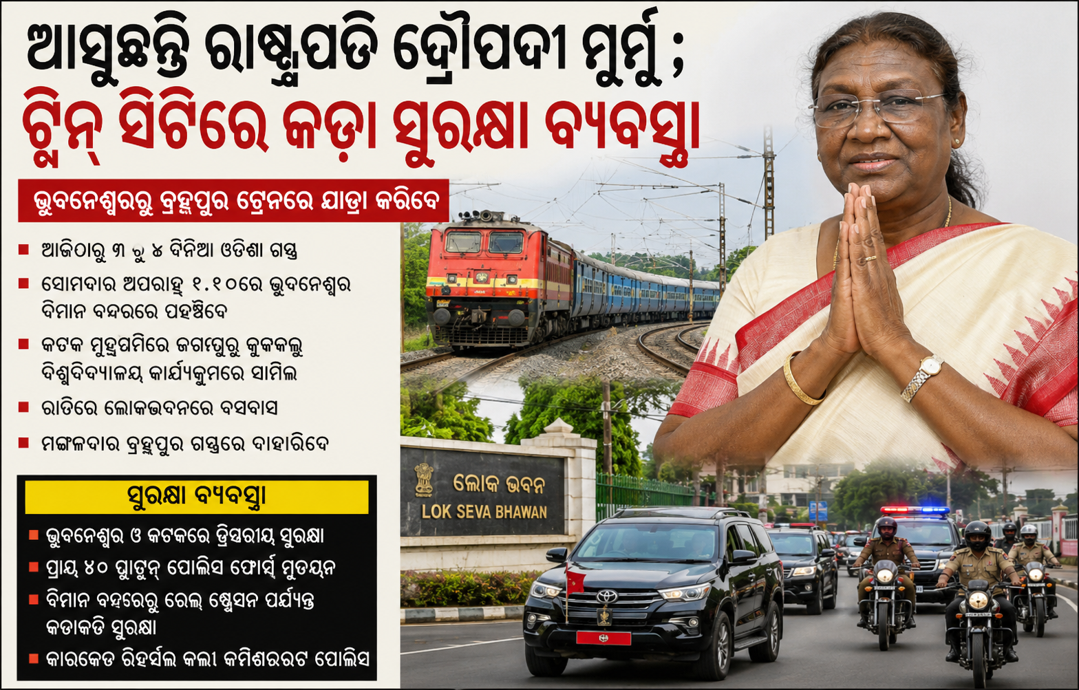 ରାଷ୍ଟ୍ରପତିଙ୍କ ଓଡ଼ିଶା ଗସ୍ତ ପାଇଁ ଚୂଡ଼ାନ୍ତ ପ୍ରସ୍ତୁତି; ଟ୍ୱିନ୍ ସିଟିରେ ତ୍ରିସ୍ତରୀୟ ସୁରକ୍ଷା ବଳୟ