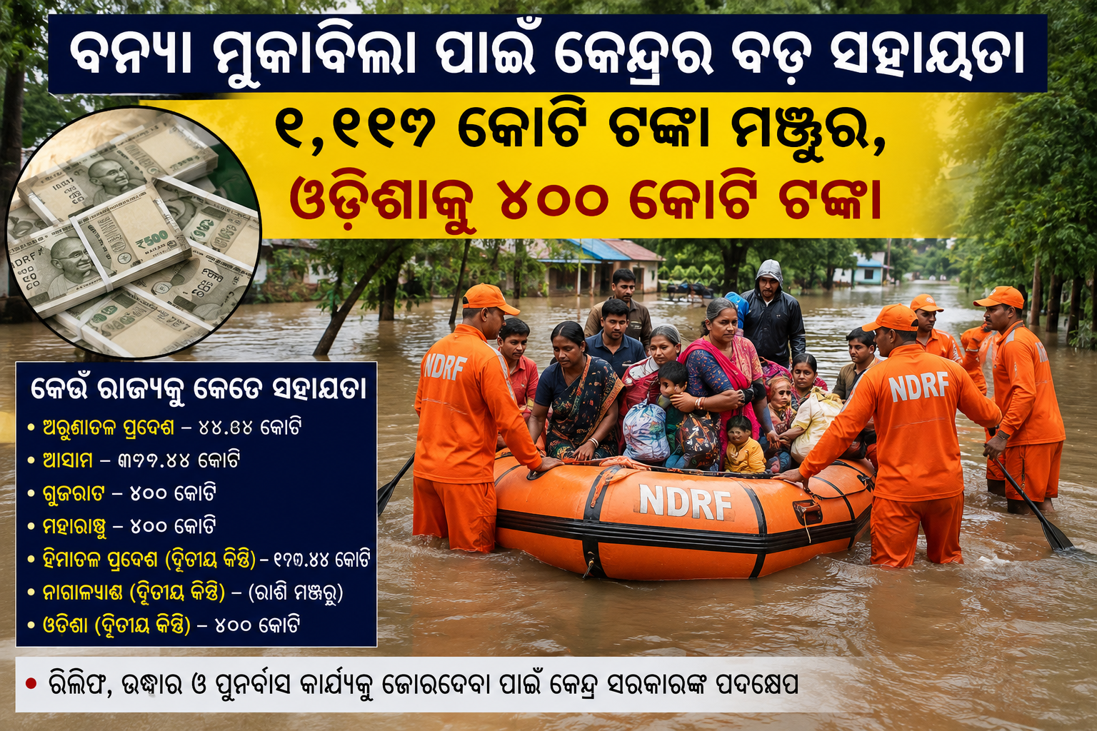 ବନ୍ୟା ମୁକାବିଲା ପାଇଁ କେନ୍ଦ୍ରର ବଡ଼ ସହାୟତା; ଓଡ଼ିଶାକୁ ୫୦୦ କୋଟି ଟଙ୍କା ମଞ୍ଜୁର
