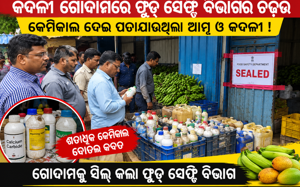 କଦଳୀ ଗୋଦାମରେ ଫୁଡ୍ ସେଫ୍ଟି ବିଭାଗର ଚଢ଼ଉ, କେମିକାଲ ଦେଇ ପଚାଯାଉଥିଲା ଆମ୍ବ ଓ କଦଳୀ! ଶତାଧିକ କେମିକାଲ ବୋତଲ ଜବତ, ଗୋଦାମ ସିଲ୍