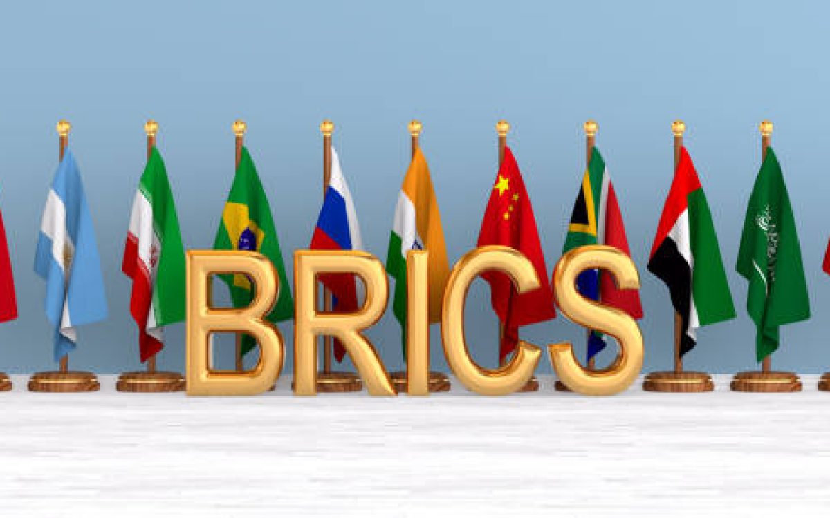 Set flags BRICS in room. 3D illustration